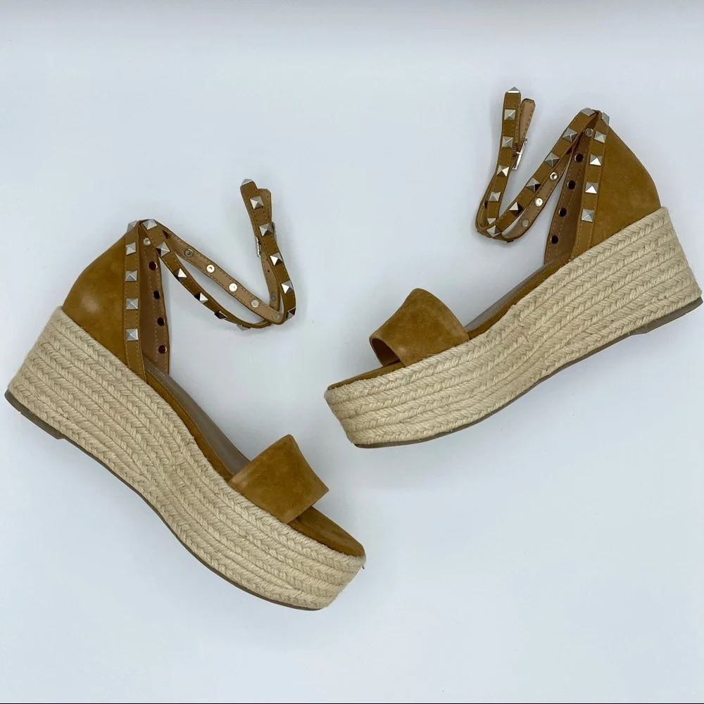 Marc Fisher Light Brown Suede Jazlyn Studded Ankle Strap Espadrille Sandal
